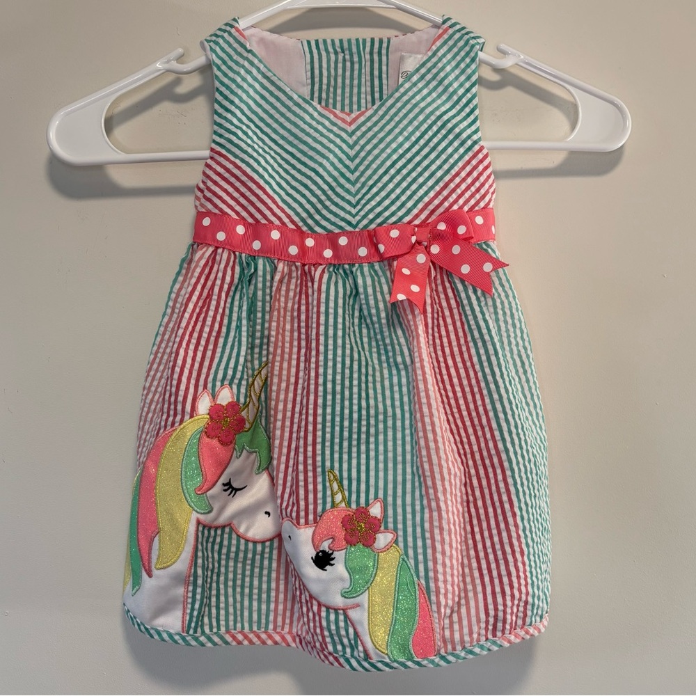 Rare Editions Unicorn Appliqué Teal Stripe Seersucker Dress Girl 12 Months